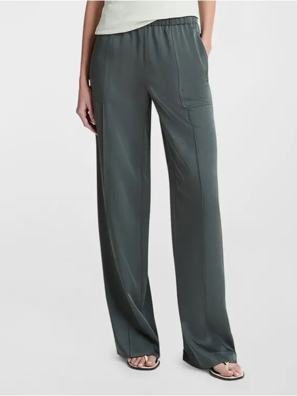 VINCE Shiny Wide-Leg Satin Pull-On Zip Trim Pants Night Pine Dark Green Trousers